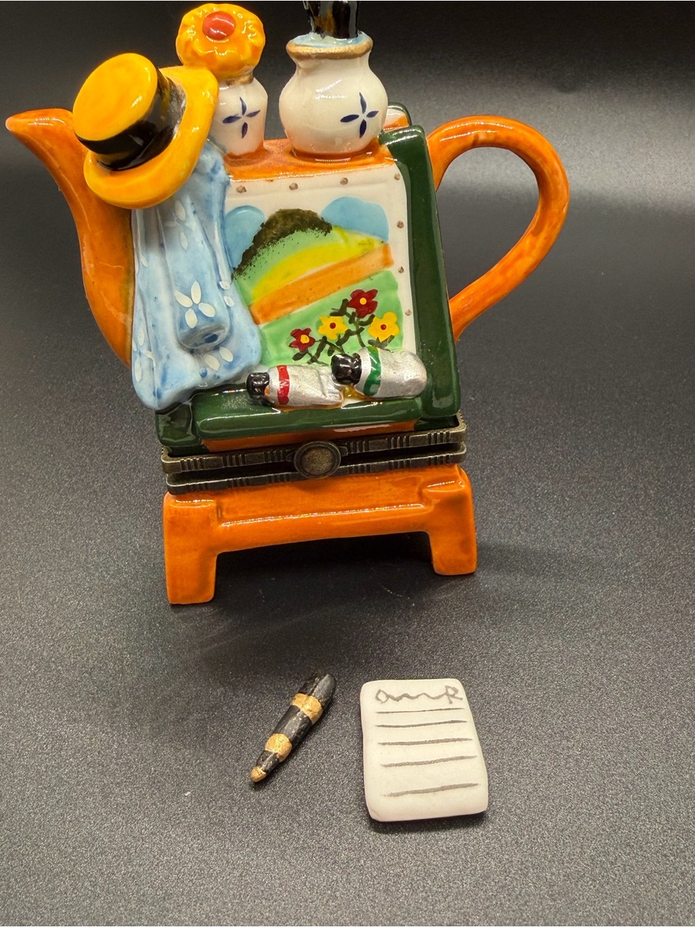 Ceramic Painting Easel Hinged Trinket Box With Pen And Tablet Trinkets